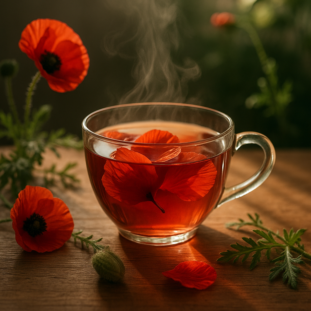Tasse mit dampfendem Mohnblüten-Aufguss auf einem Holztisch