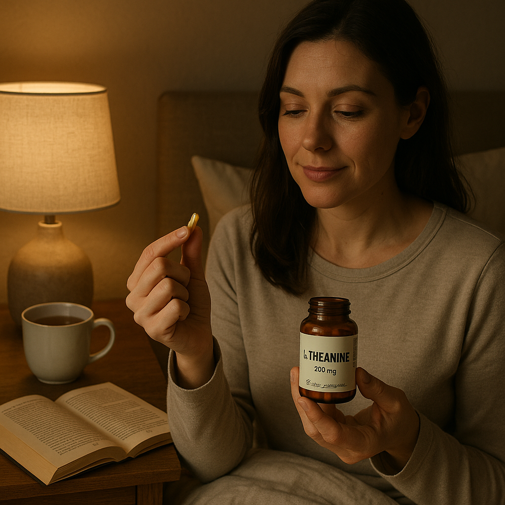 Femme prenant un complément de L-théanine avant le coucher