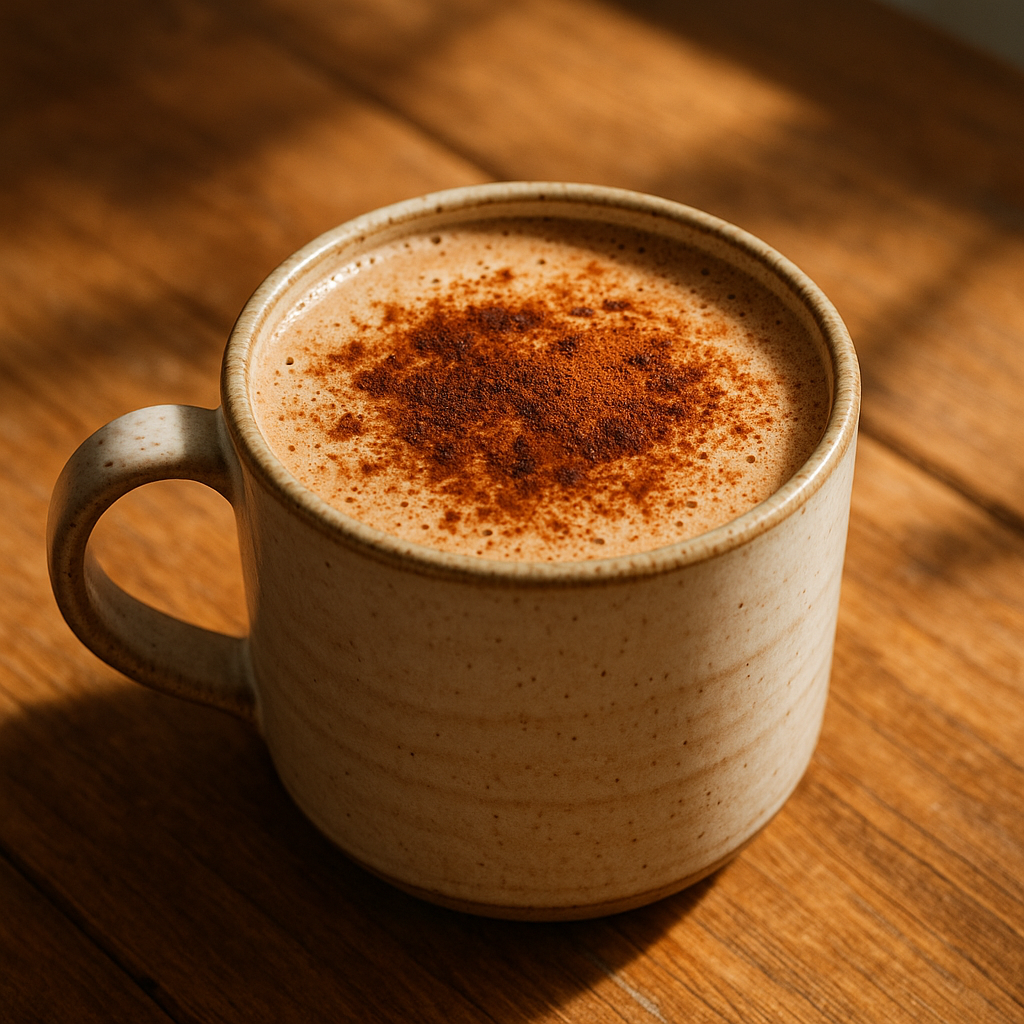 Tasse de latte mousseux au reishi et cacao cru, saupoudré de cacao en poudre