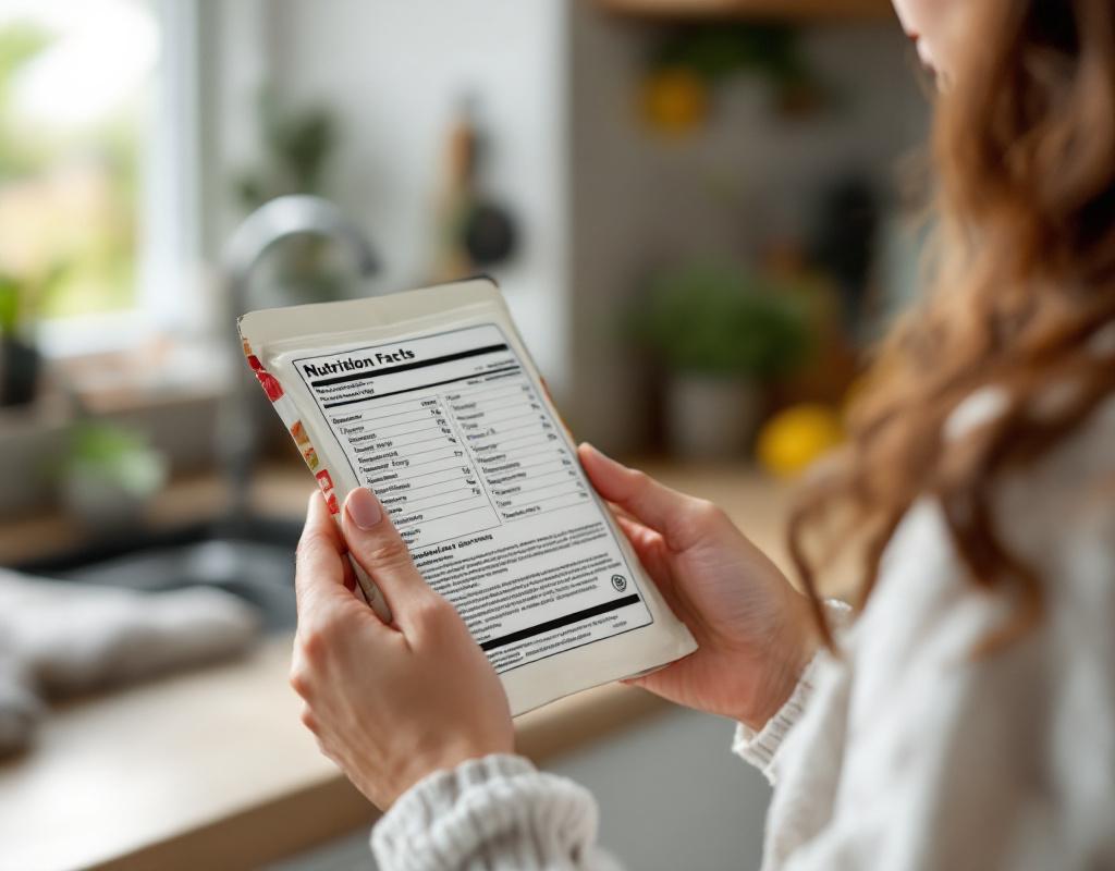 Personne consultant une &eacute;tiquette nutritionnelle avec attention