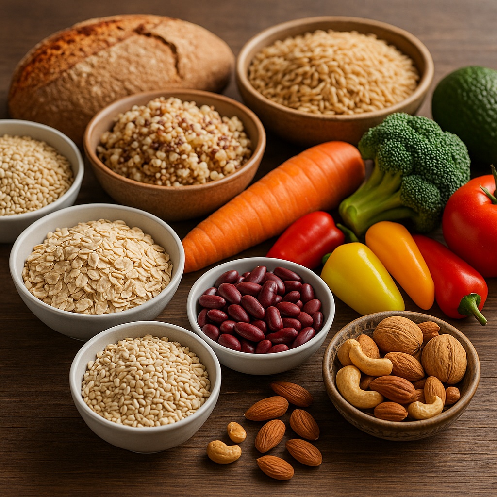 Assortiment de fruits, légumes et céréales complètes à index glycémique bas
