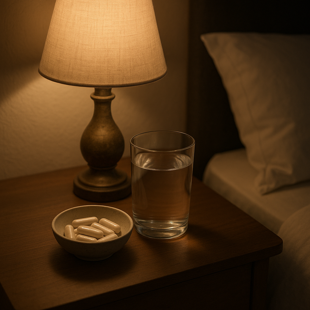 Verre d'eau et capsules de magnésium près du lit pour prévenir les crampes nocturnes