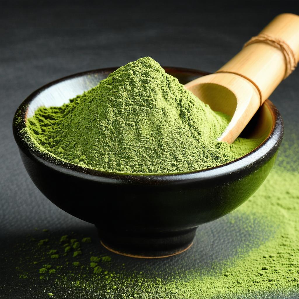 Poudre de matcha vert vif dans un bol traditionnel japonais avec fouet en bambou