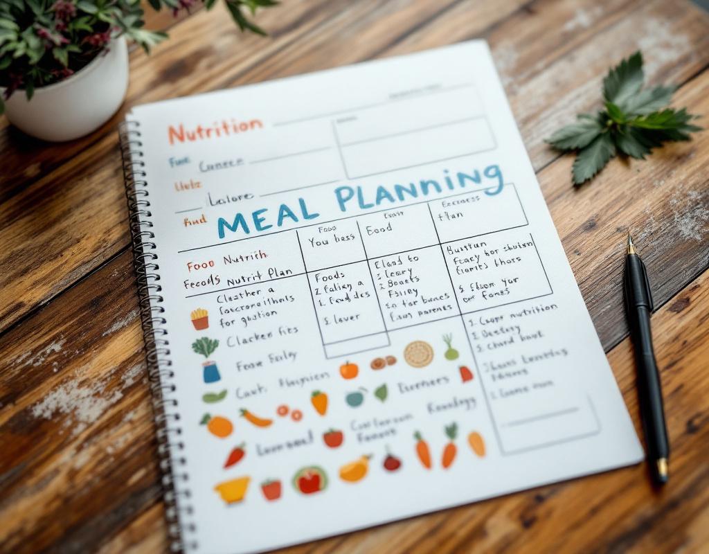 Feuille de planification des repas avec notes et icônes d’aliments