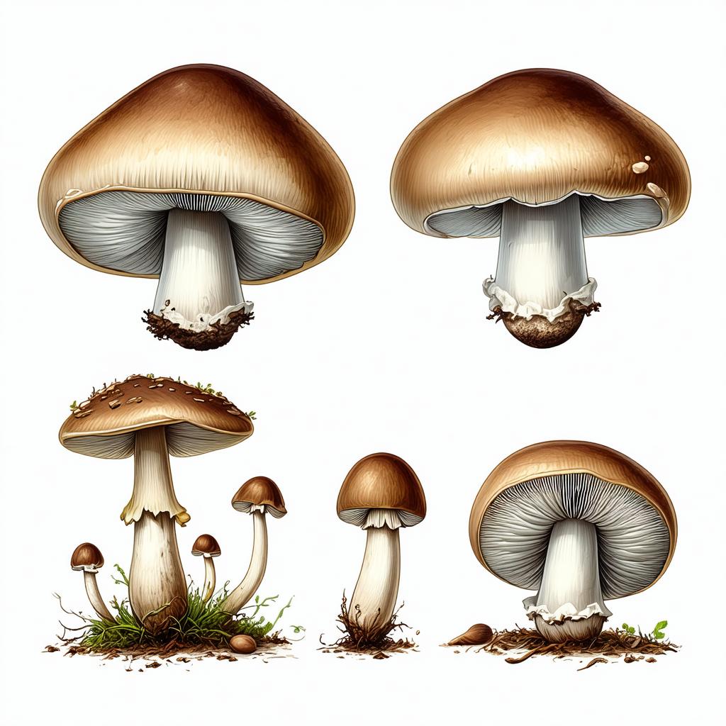 Schéma annoté d'un champignon montrant les différentes parties : cuticule, hyménium, anneau, volve et mycélium avec légendes explicatives