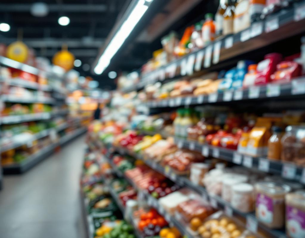Rayon de supermarché montrant différents produits alimentaires avec visibilité des logos Nutri-Score A à E