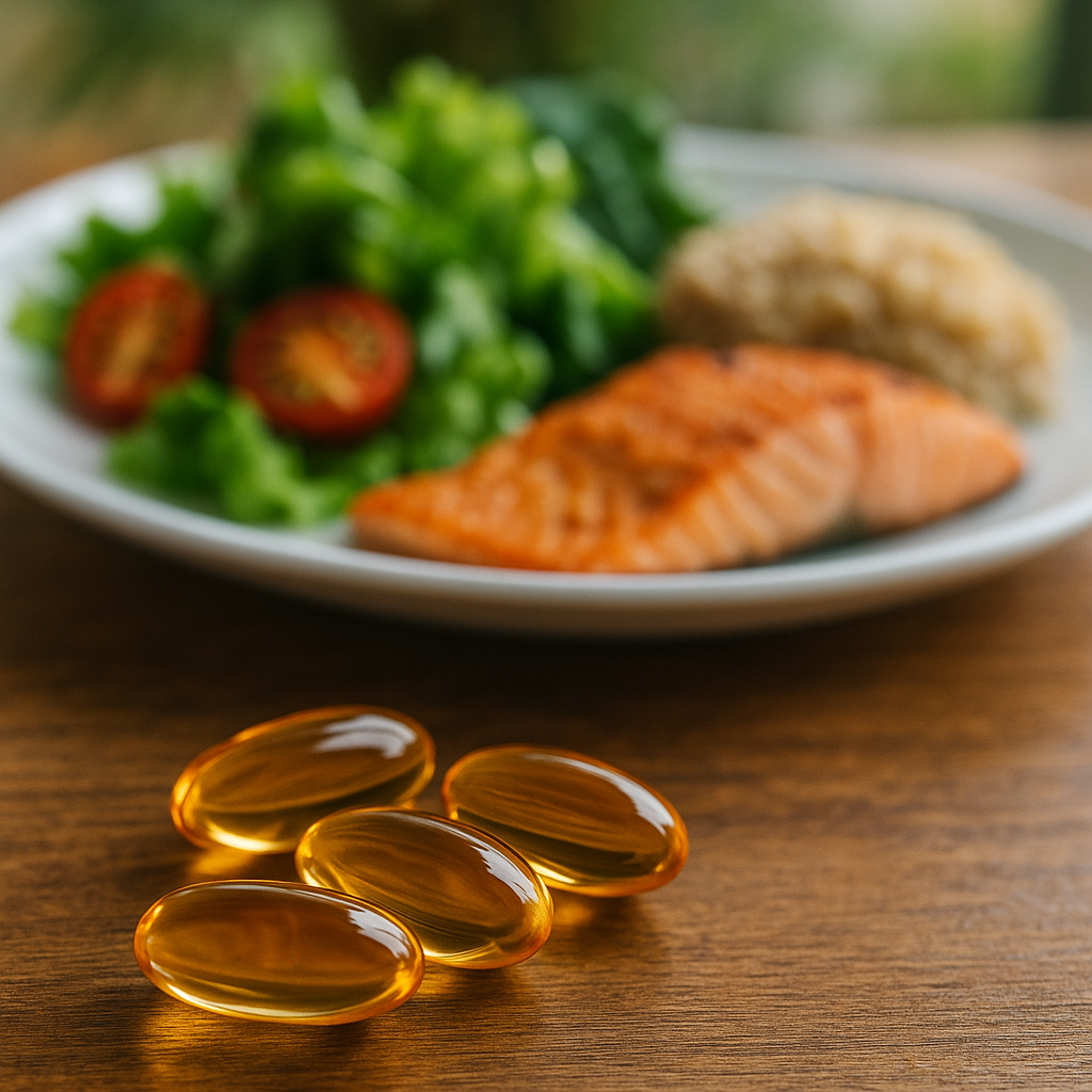 Capsules d’oméga-3 posées à côté d'un repas équilibré