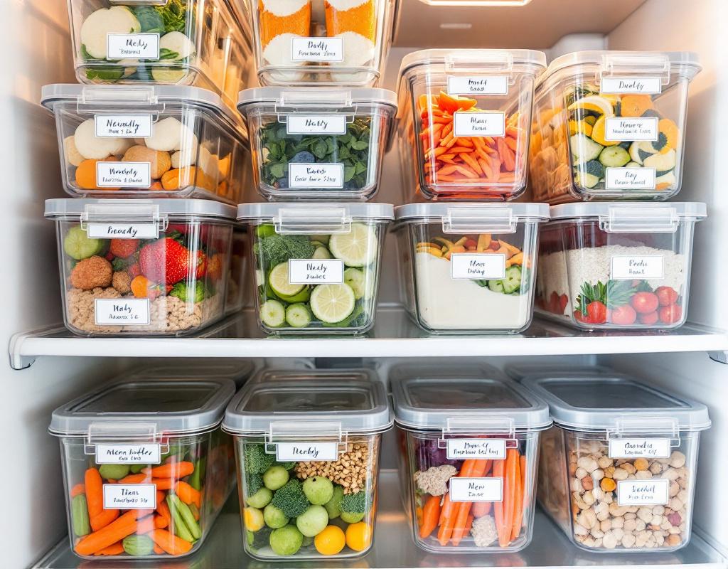 Boîtes de pré-préparation de repas organisées dans un frigo avec étiquettes nutritionnelles
