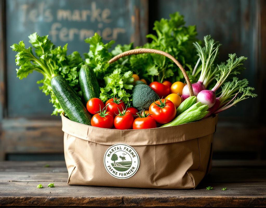 Panier coloré de légumes de saison variés provenant d'une ferme locale, avec étiquette de producteur régional