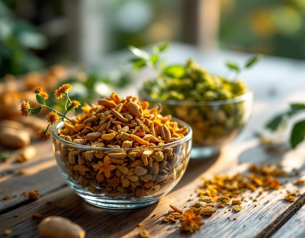 Sammlung getrockneter adaptogener Pflanzen mit beschrifteten Etiketten in einer sonnigen Küche