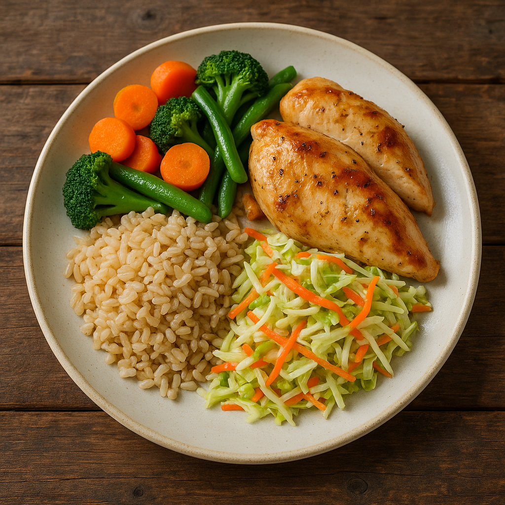 Plato saludable quebequense con verduras, granos enteros y proteínas magras