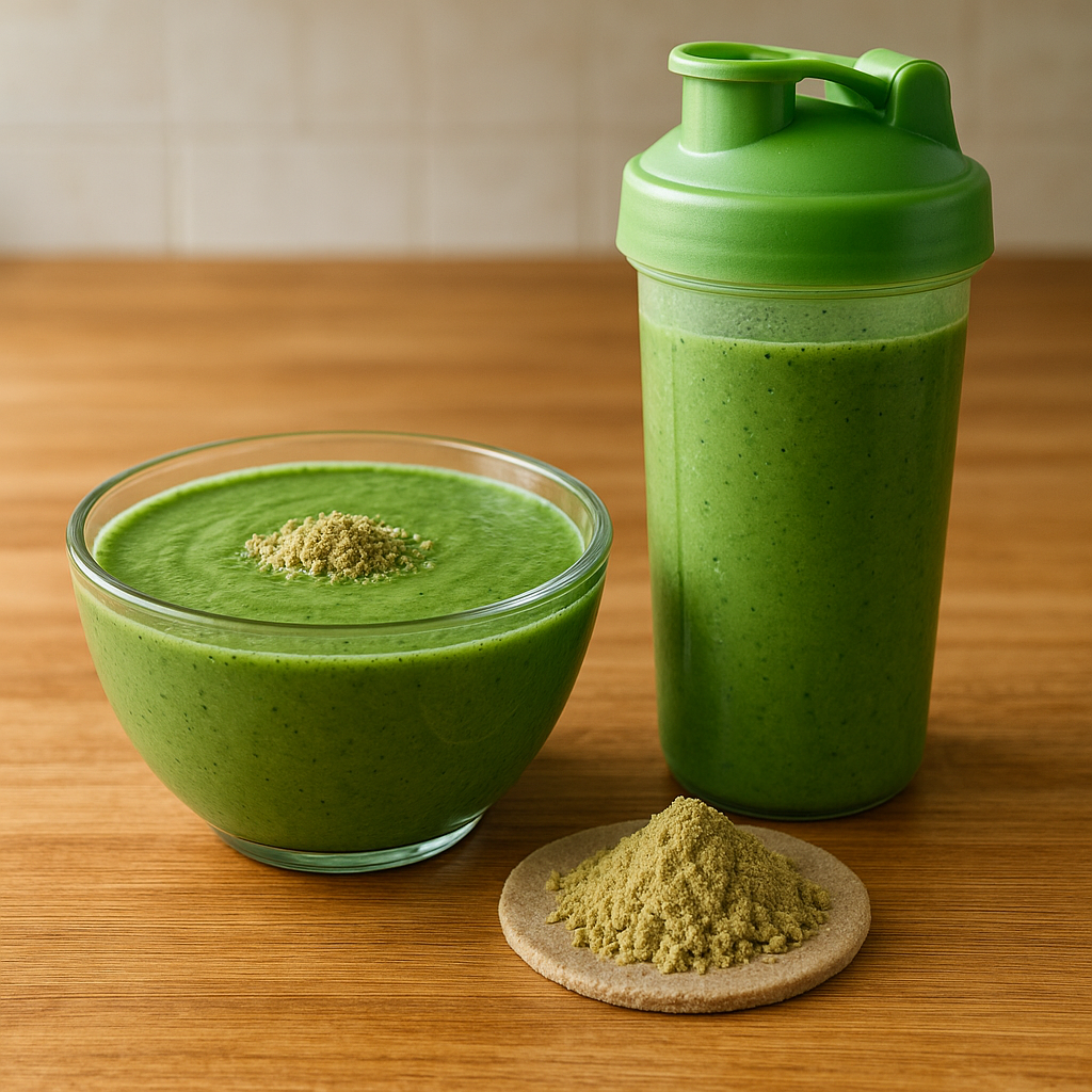 Shaker de smoothie vert à base de protéine de chanvre sur un plan de travail