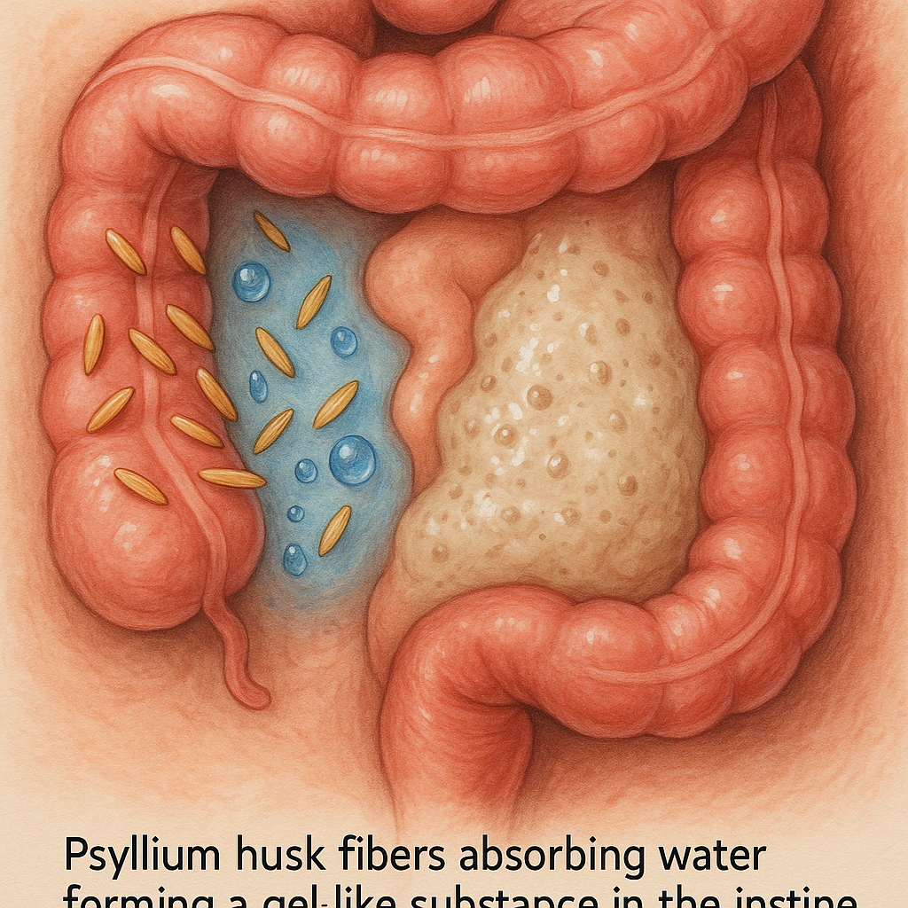 Diagramme montrant la gélification du psyllium dans l'intestin