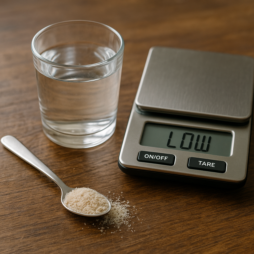 Cuillère de psyllium à faible dose à côté d'une balance