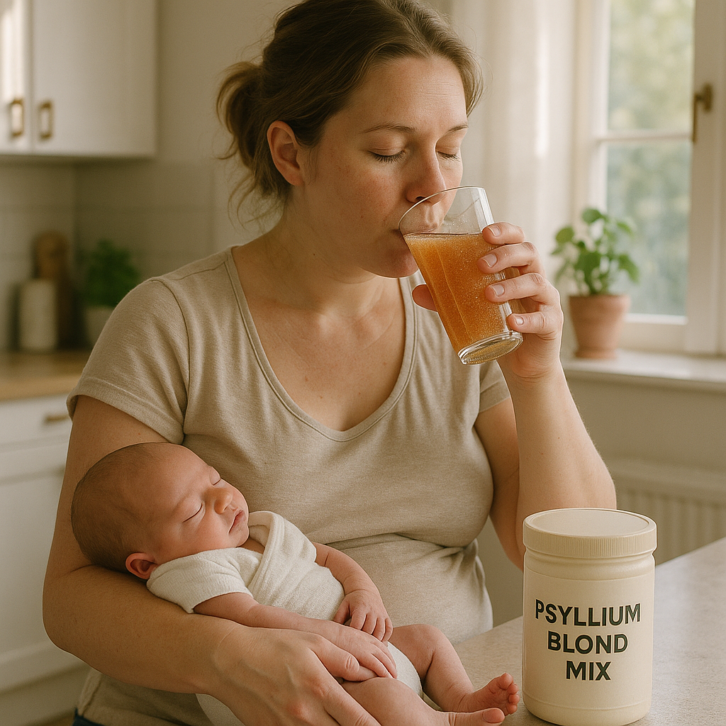 Mère buvant un verre de psyllium blond pour soulager la constipation post-partum
