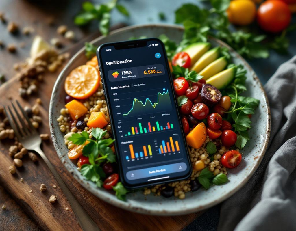 Application mobile analysant une assiette équilibrée avec graphiques nutritionnels à l'écran