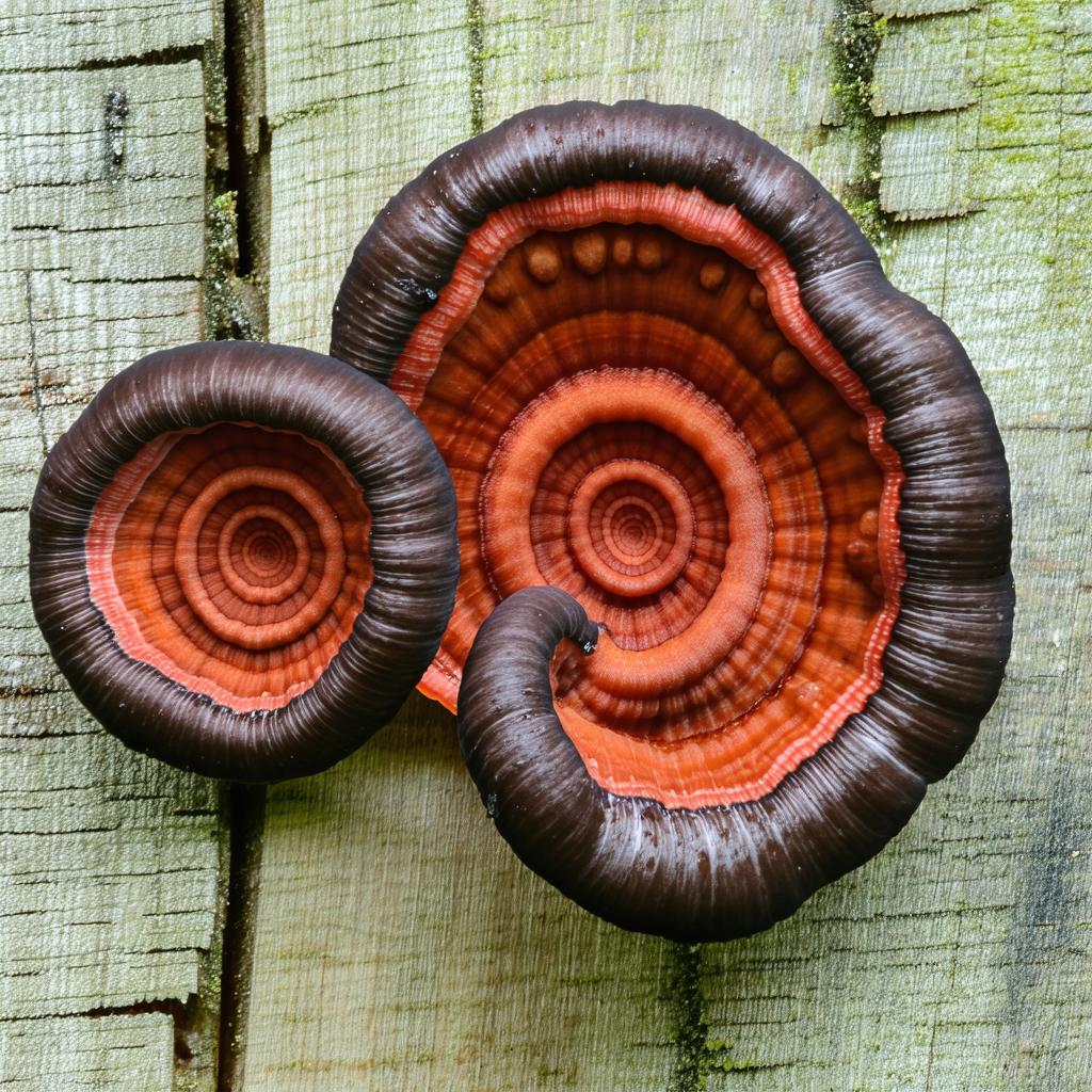 Reishi séché montrant sa surface laquée caractéristique et ses spores ocre