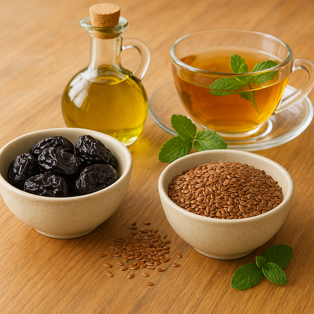 Illustration de remèdes naturels de grand-mère pour la constipation : prune, graines de lin, huile d'olive et infusion sur table en bois