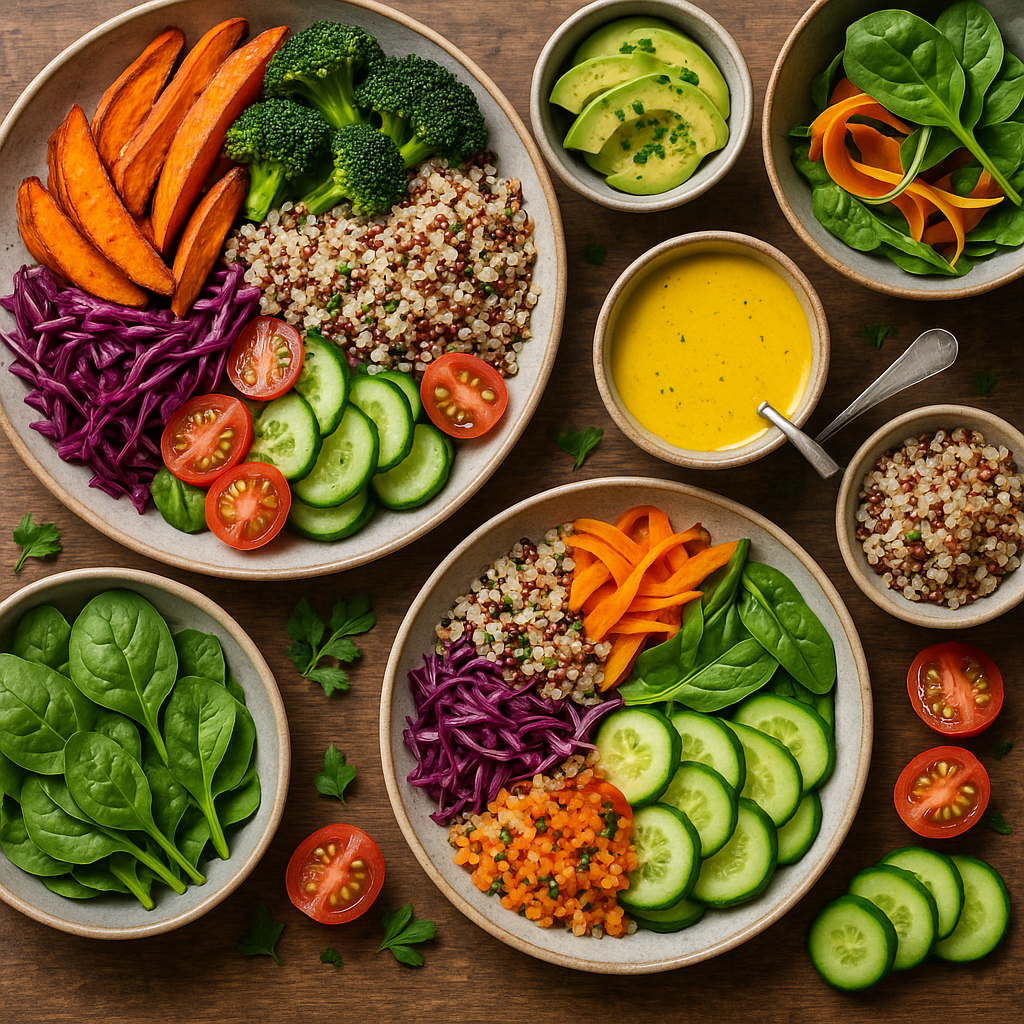 Auswahl entzündungshemmender Gerichte ohne Gluten und Laktose mit Quinoa und buntem Gemüse