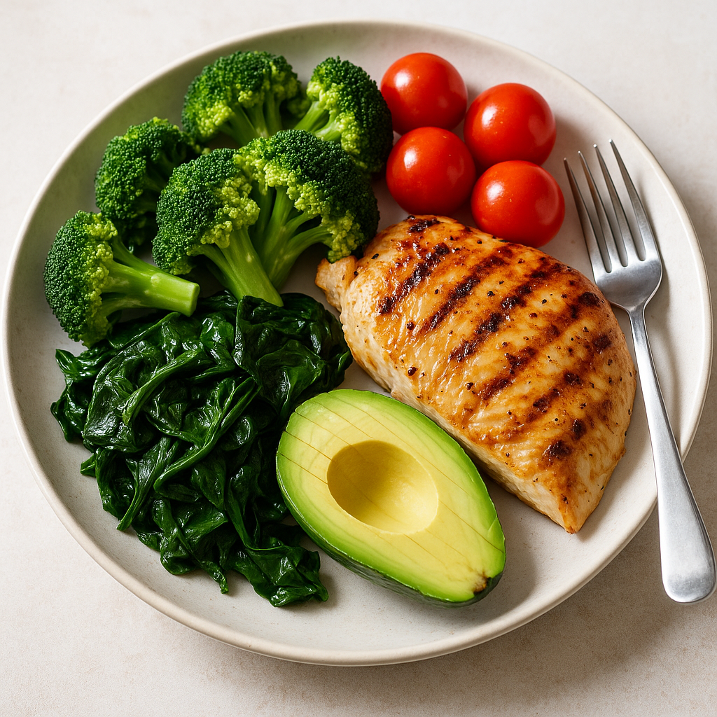 Assiette de repas faible en glucides composé de poulet, légumes verts et avocat