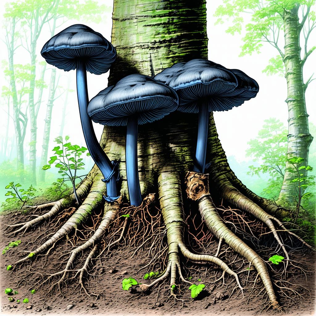 Réseau de rhizomorphes noirs d'Armillaria mellea s'étendant sous l'écorce d'une racine d'arbre