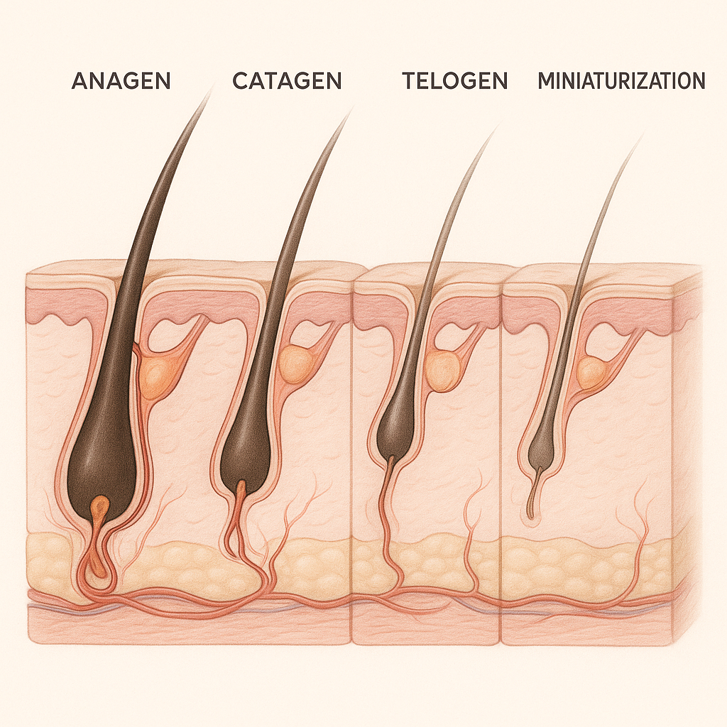 Schema eines Haarfollikels, das die Wachstums- und Miniaturisierungsphasen zeigt