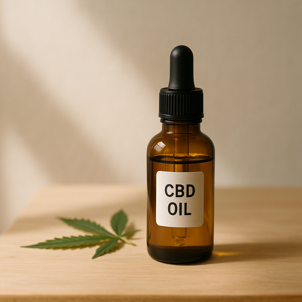 Bouteille d&rsquo;huile de CBD apaisante sur une table en bois