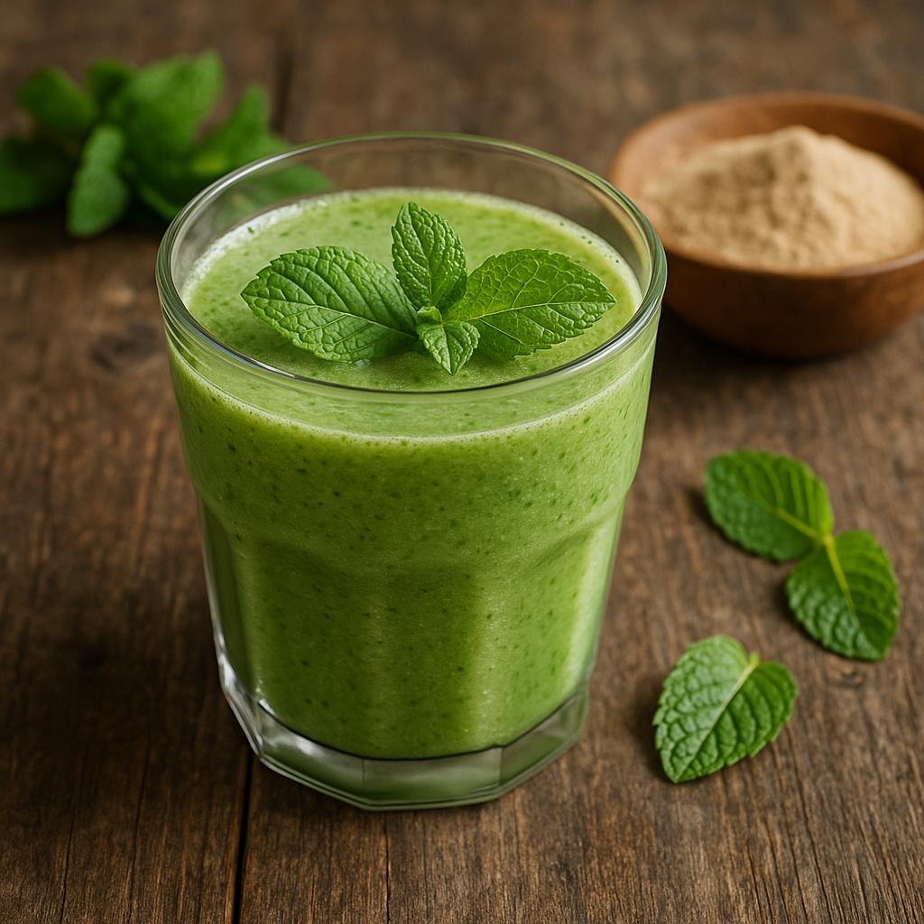 Smoothie énergisant au baobab en poudre, menthe et fruits verts