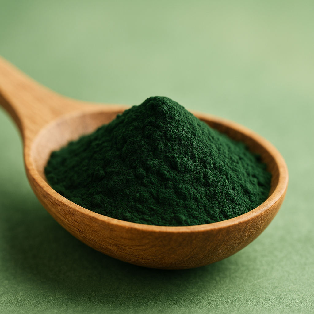 Cuillère de spiruline en poudre avec fond vert apaisant