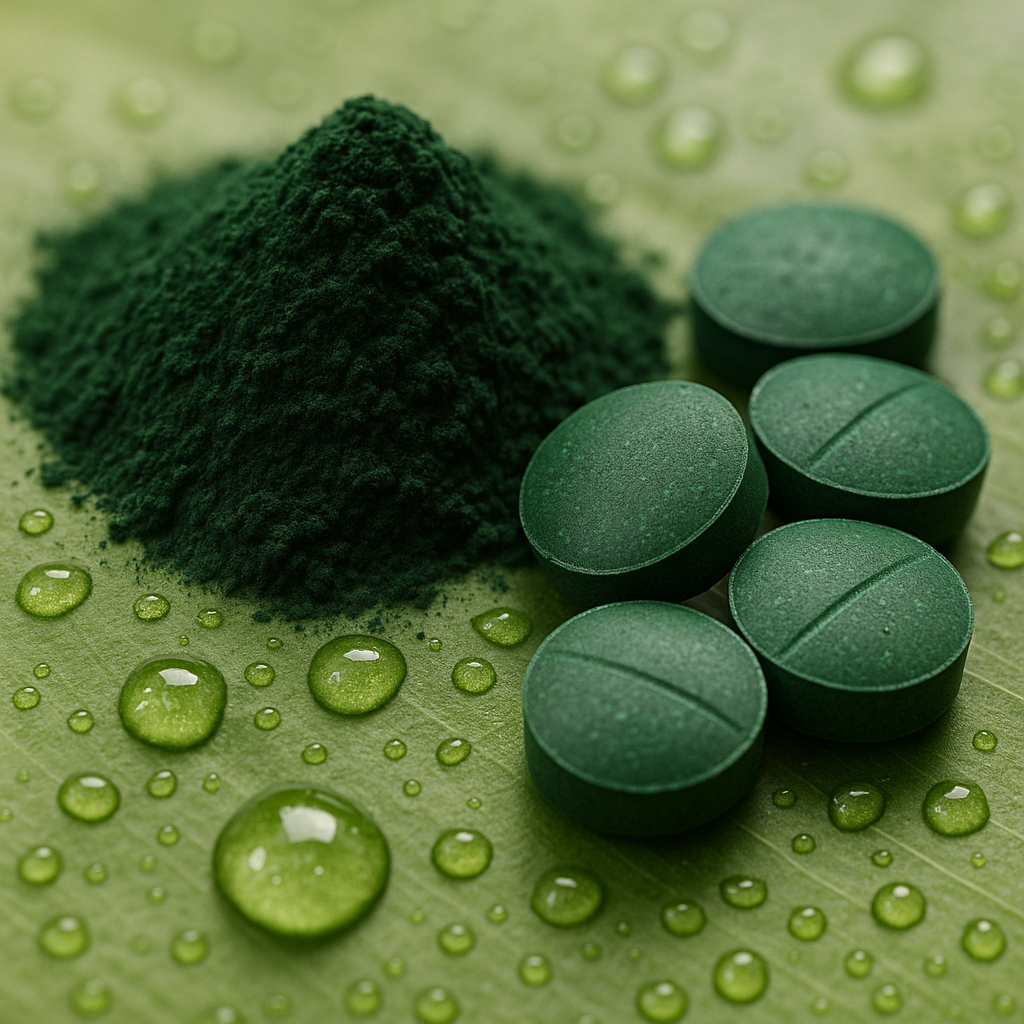 Spiruline en poudre et en comprimés sur fond naturel