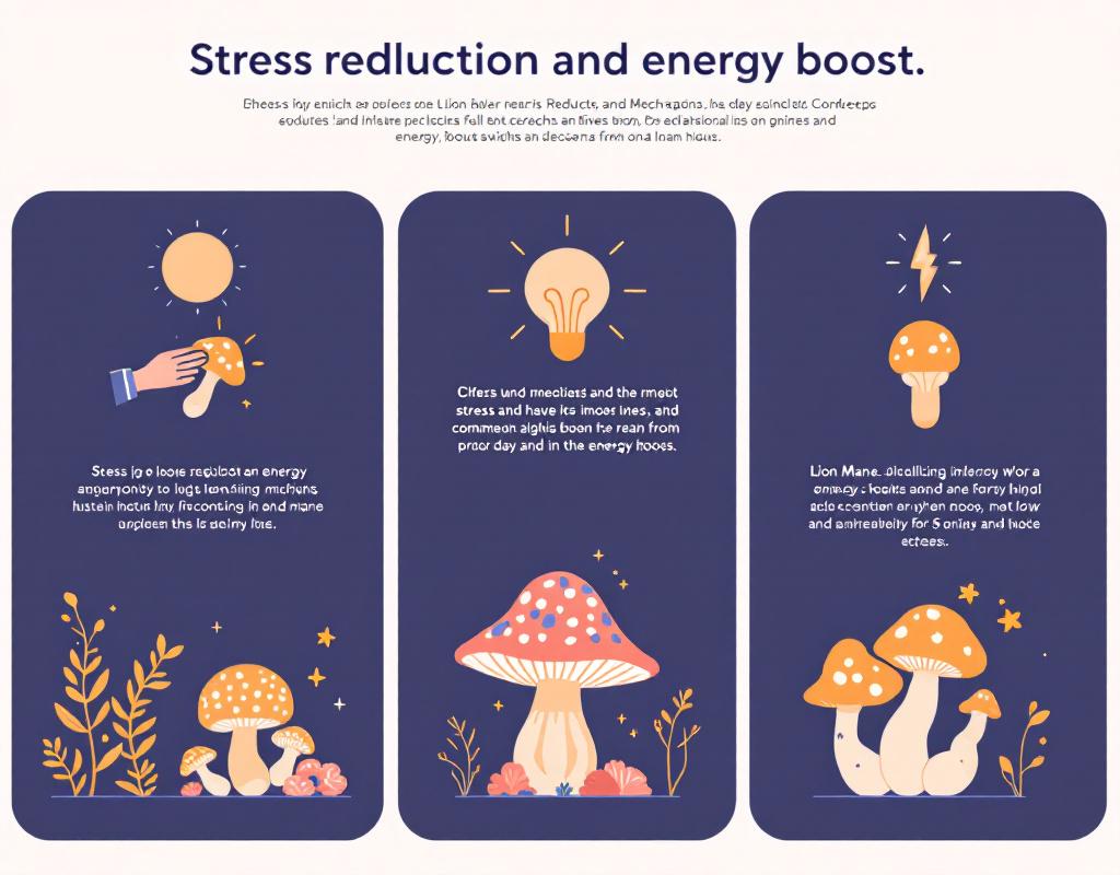 Illustration infographique montrant la réduction du stress et de la fatigue avec des icônes et les trois champignons