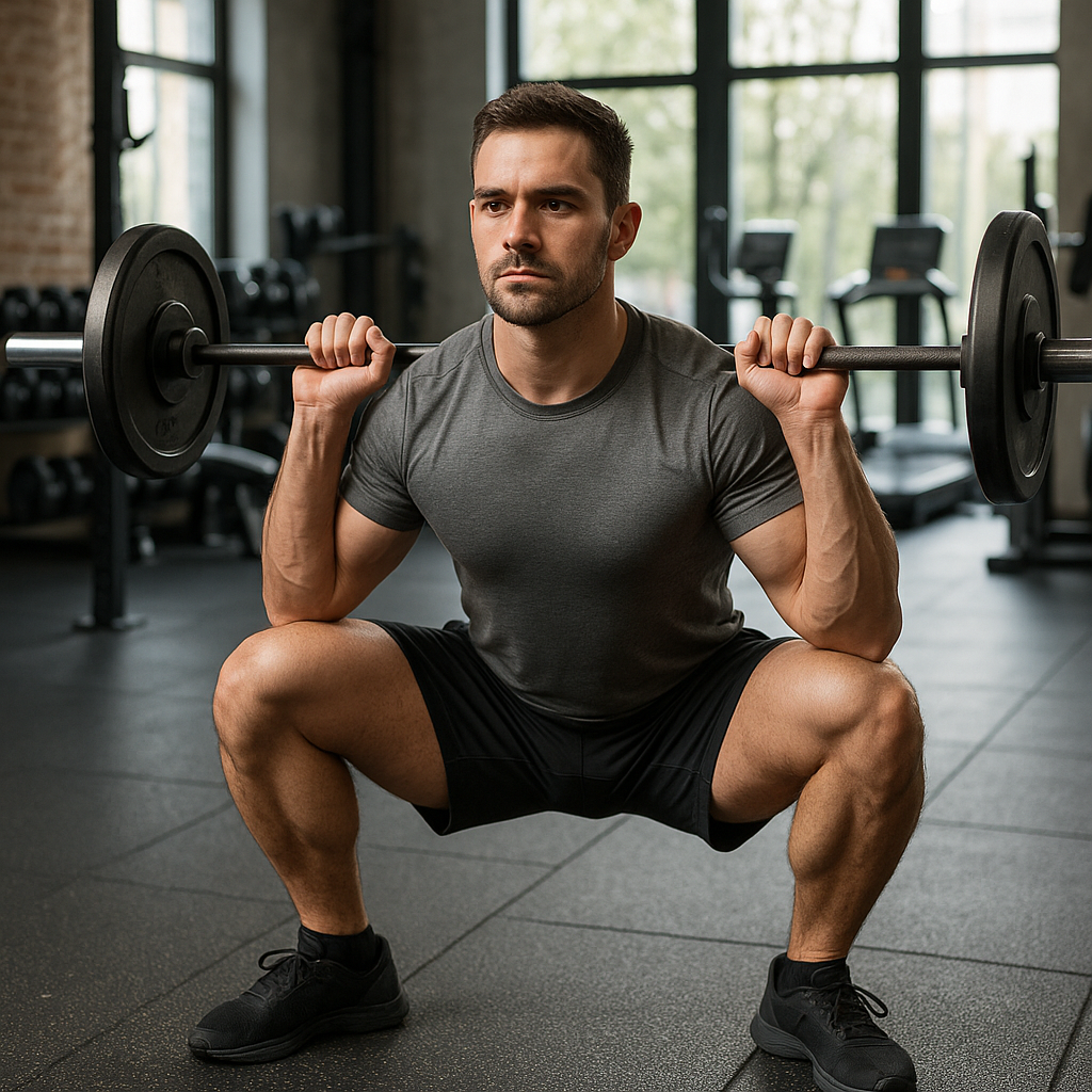 Athlet führt einen Sumo Squat mit Knie- und aufrechtem Oberkörperausrichtung aus