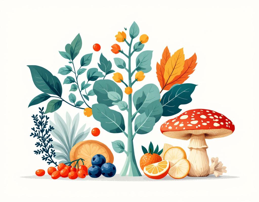 Illustration moderne des superaliments innovants : baies de goji, ashwagandha, lion’s mane