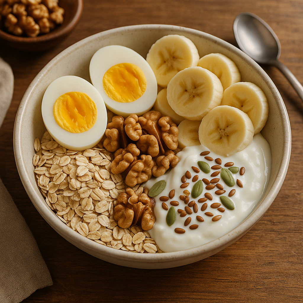 Bol de petit-déjeuner coloré avec des aliments riches en tryptophane