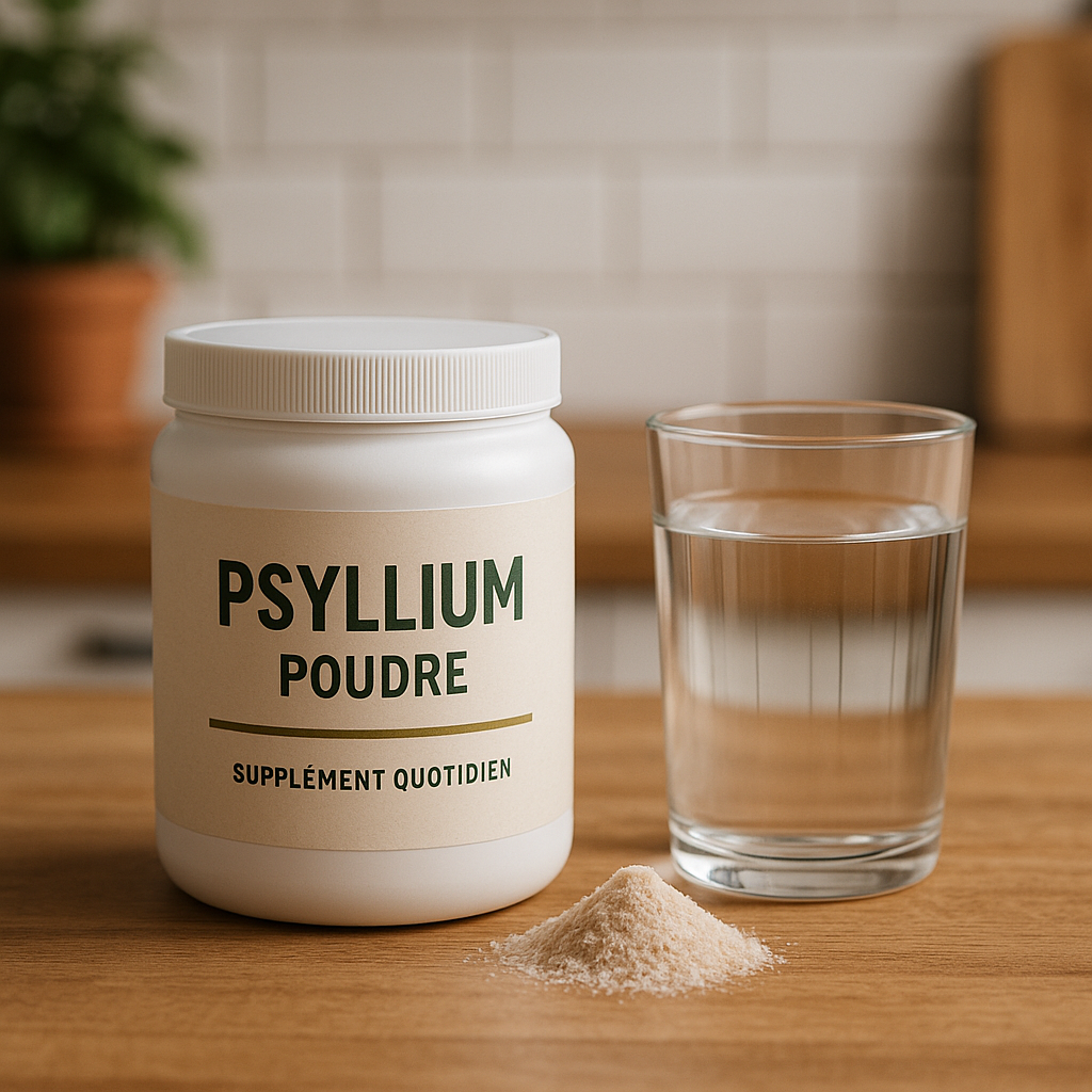 Psyllium en poudre avec verre d'eau pour usage quotidien
