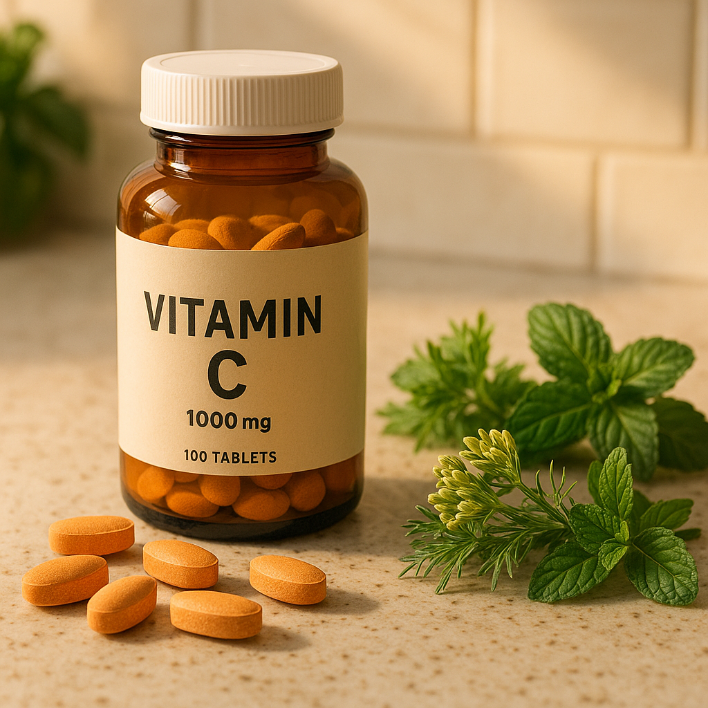 Tablettes de vitamine C accompagnées de plantes digestives pour apaiser l’estomac
