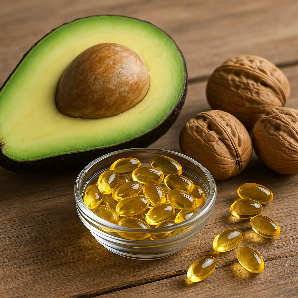Capsules de vitamine D posées à côté d’aliments riches en nutriments
