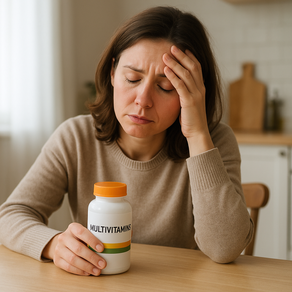 Personne fatiguée tenant une boîte de multivitamines