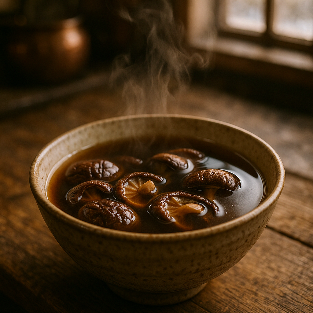 Bol de bouillon de shiitake fumant dans une cuisine rustique
