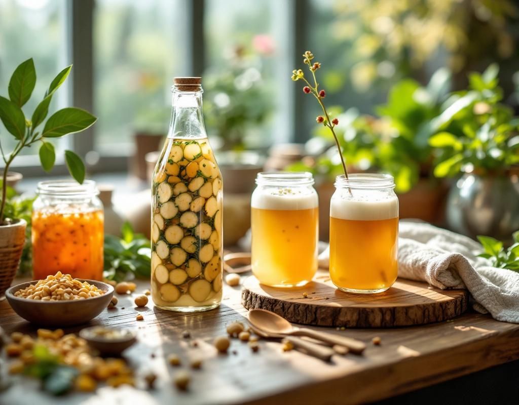 Variété d'aliments fermentés riches en probiotiques : kombucha, choucroute, miso et yaourt dans des bocaux en verre