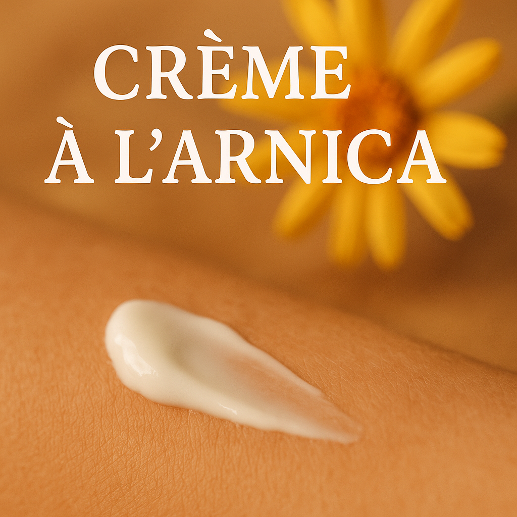 Arnika-Creme, die auf die Haut aufgetragen wird, mit Blume im Hintergrund