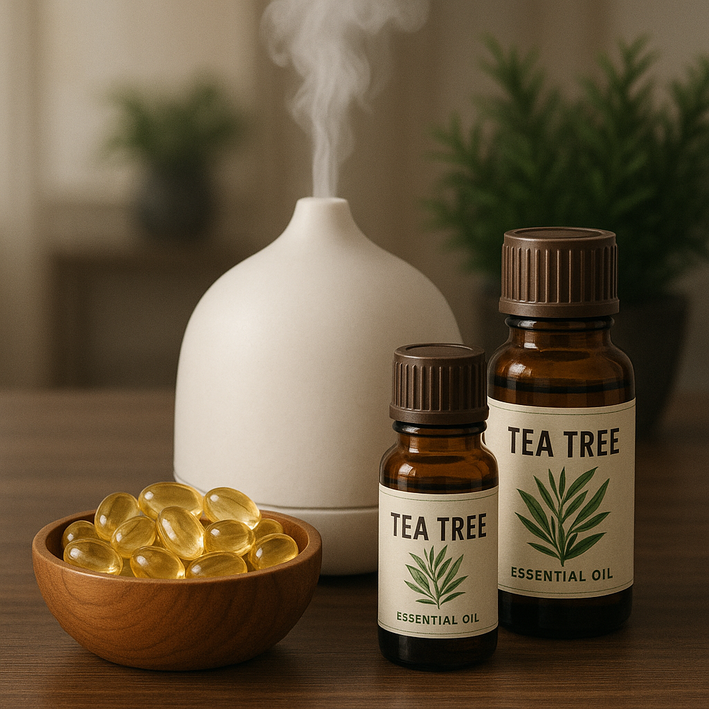 Aromadiffusor und Kapseln mit ätherischem Teebaumöl in einem Wellness-Rahmen