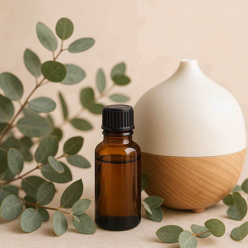 Flasche ätherisches Eukalyptusöl mit Diffusor und Blättern