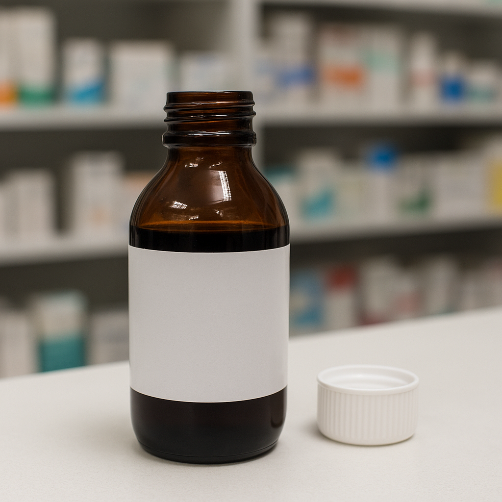 Hustensirupfläschchen auf einer Apothekentheke