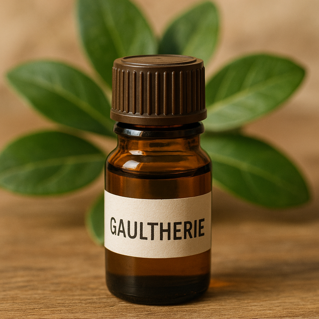 Flasche ätherisches Wintergrünöl auf einer Holzarbeitsfläche