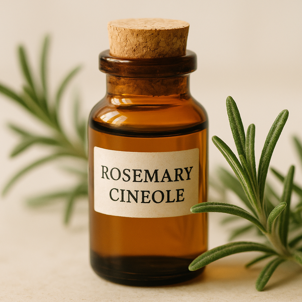 Fläschchen ätherisches Rosmarinöl mit Cineol umgeben von Rosmarinzweigen