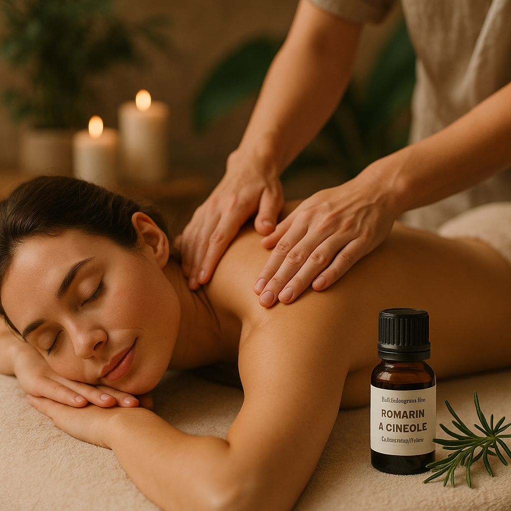 Application d'huile essentielle de romarin à cinéole en massage
