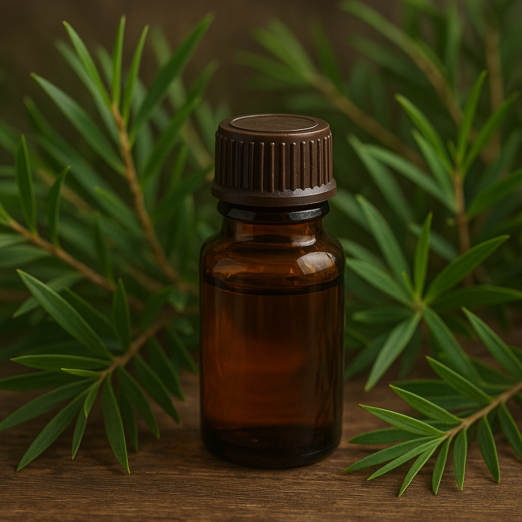 Flakon mit ätherischem Teebaumöl und Blättern