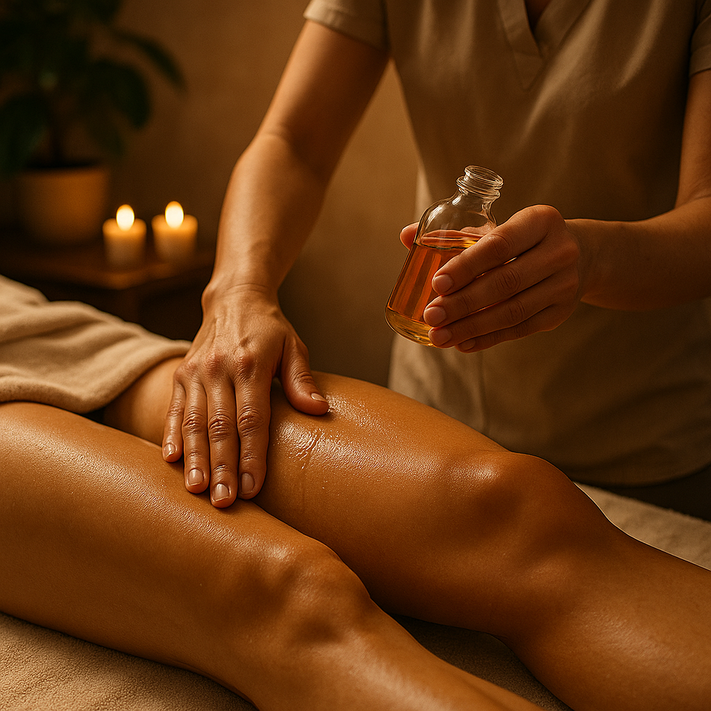 Quadrizeps-Massage mit einer Mischung ätherischer Öle zur Linderung von Muskelschmerzen