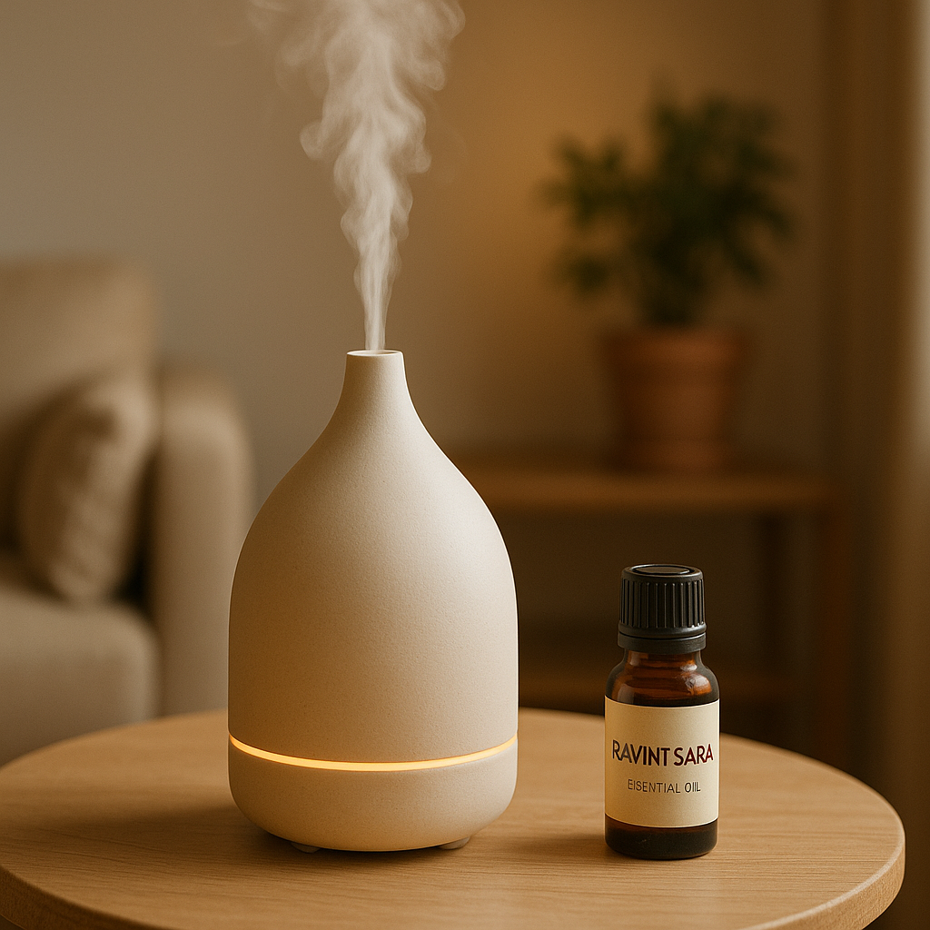 Diffuseur d’huile essentielle de ravintsara dans un intérieur apaisant